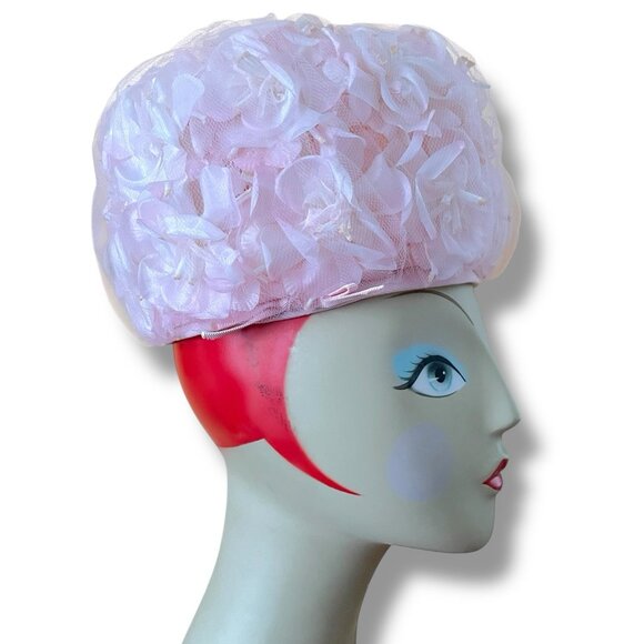 Vintage 1960s Womens Pink Floral Millinery Dress Hat Easter Bonnet Derby Party - Picture 10 of 10